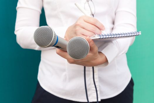 Female journalist taking notes at press conference