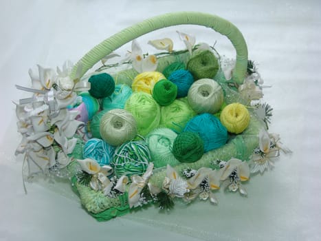 Handicraft goods, greenish yarn.  Basket