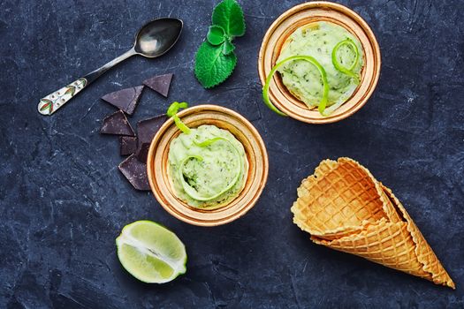 Summer ice cream with lime and chocolate.Top view