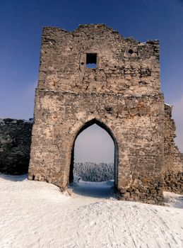 the ruins of the old castle, a beautiful winter landscape memories of history