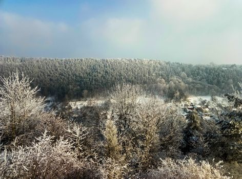 beautiful mountain view from above forest winter in Ukraine