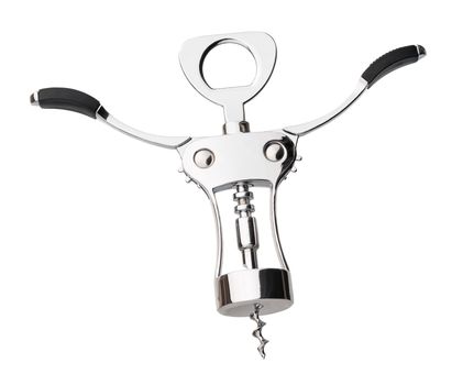 Glossy Metal Wing Corkscrew for Wine Isolated on White Background. Wine Bottle Opener with Opened Wings.