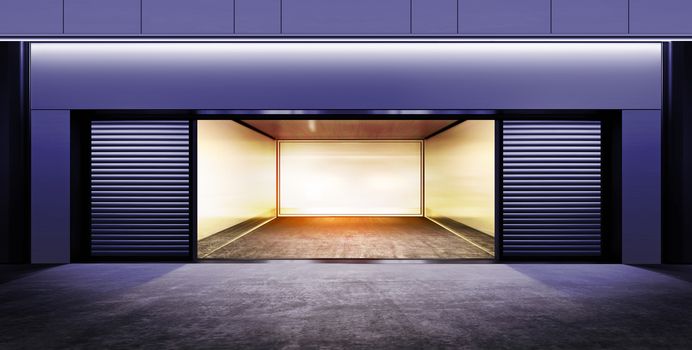modern empty garage on street of city at night time