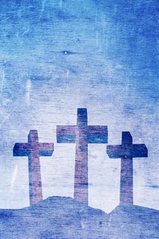 Three Christian crosses on Calvary aged landscape illustration