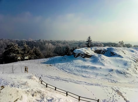 beautiful winter landscape on top of the mountain the fence