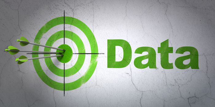 Success Data concept: arrows hitting the center of target, Green Data on wall background, 3D rendering