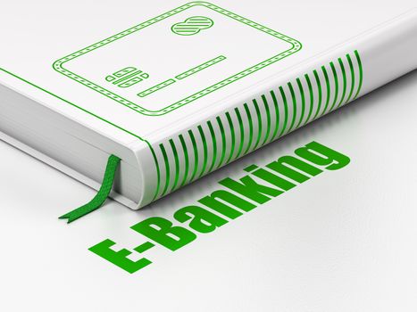 Banking concept: closed book with Green Credit Card icon and text E-Banking on floor, white background, 3D rendering