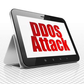 Security concept: Tablet Computer with red text DDOS Attack on display, 3D rendering