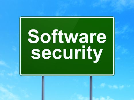 Protection concept: Software Security on green road highway sign, clear blue sky background, 3D rendering