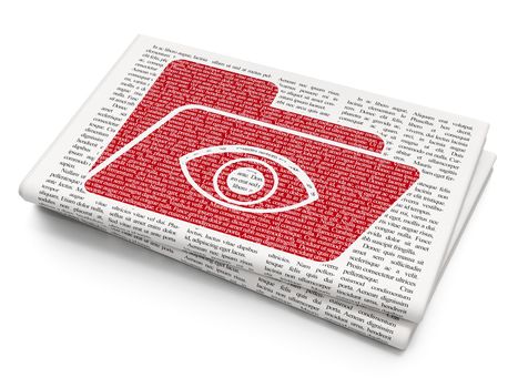 Business concept: Pixelated red Folder With Eye icon on Newspaper background, 3D rendering