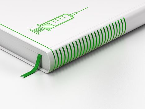 Health concept: closed book with Green Syringe icon on floor, white background, 3D rendering