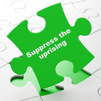 Political concept: Suppress The Uprising on Green puzzle pieces background, 3D rendering