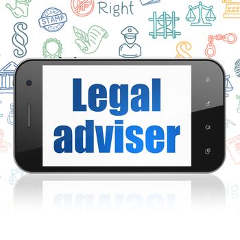 Law concept: Smartphone with  blue text Legal Adviser on display,  Hand Drawn Law Icons background, 3D rendering