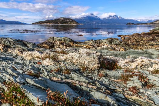 Rocky landscapes of Beagle channel at Terra Del Fuego National Park, Ushuaia