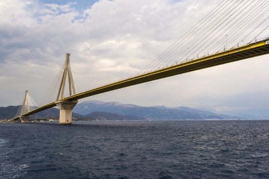 Cable-stayed suspension bridge crossing Corinth Gulf strait, Greece. It is one of the world's longest multi-span cable-stayed bridges and the longest of the fully suspended type