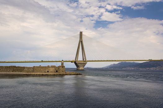 Cable-stayed suspension bridge crossing Corinth Gulf strait, Greece. It is one of the world's longest multi-span cable-stayed bridges and the longest of the fully suspended type