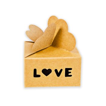 Brown gift box with love word made from brown paper isolated on white background, Saved clipping path.