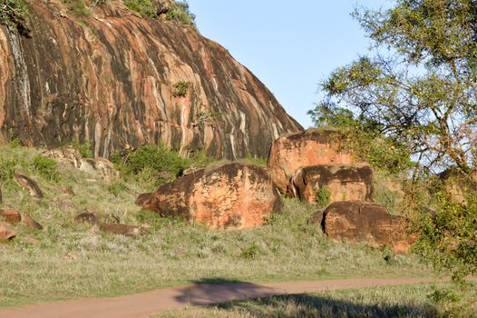 Red rock blocks in Tsavo West Park in Kenya