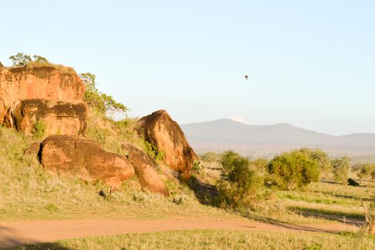 Red rock blocks in Tsavo West Park in Kenya