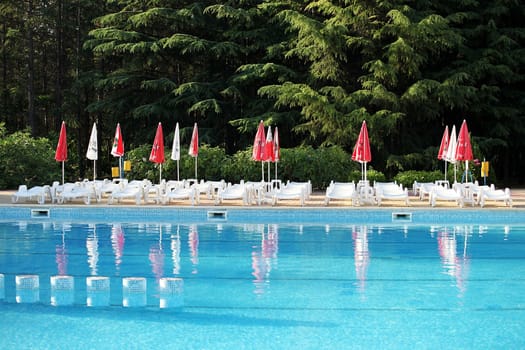 Sunny Beach Resort, Bulgaria - June 23, 2013: Swimming pool in Sunny Beach Resort,  Bulgaria. Sunny Beach is a major seaside resort on the Black Sea coast of Bulgaria.