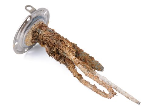  heating element of water heater with scum and sediment isolated on white background