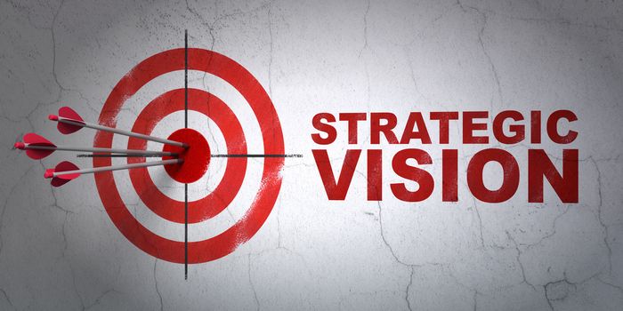 Success finance concept: arrows hitting the center of target, Red Strategic Vision on wall background, 3D rendering