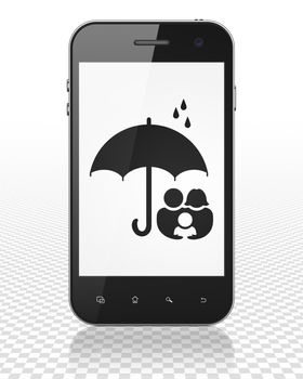 Safety concept: Smartphone with black Family And Umbrella icon on display, 3D rendering