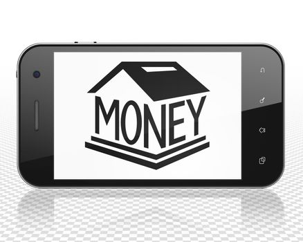 Money concept: Smartphone with black Money Box icon on display, 3D rendering
