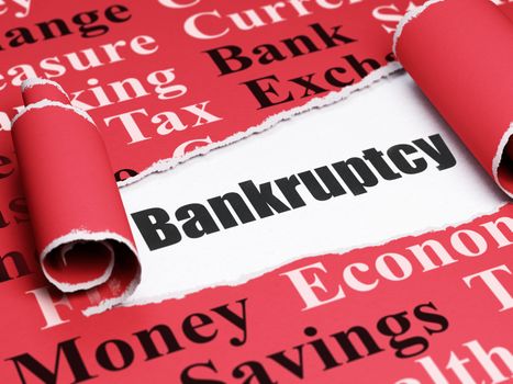 Banking concept: black text Bankruptcy under the curled piece of Red torn paper with  Tag Cloud, 3D rendering