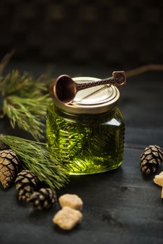 Fir tree bump jam on wooden background