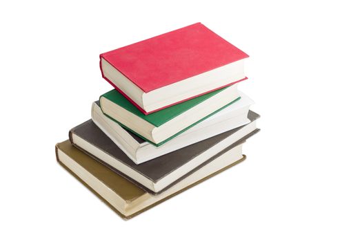 Stack of several books different formats and cover design on a light background
