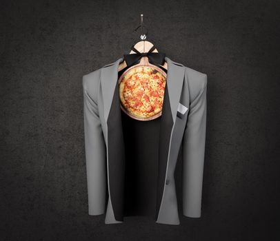 pizza slice with business jacket on the wall concept photo