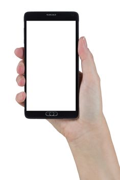 Female Hand Holding A Smart Phone with Blank Screen Isolated on a White Background.