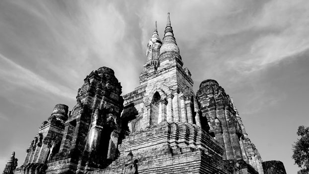 Historical Park Wat Mahathat temple group of pagoda in Sukhothai world heritage monochrome