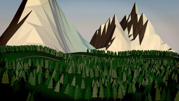 Low poly landscape. The trees, the mountains and the road. 3d render