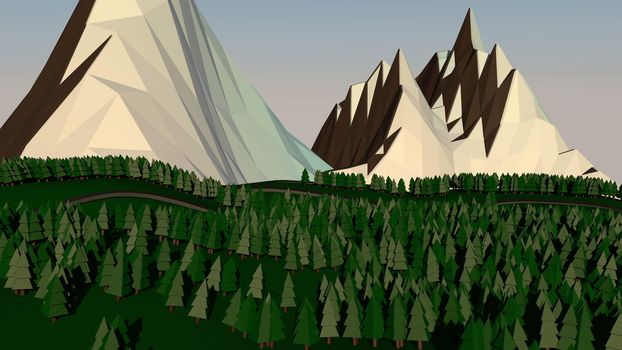 Low poly landscape. The trees, the mountains and the road. 3d render