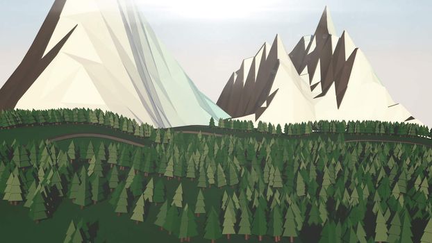 Low poly landscape. The trees, the mountains and the road. 3d render