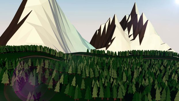 Low poly landscape. The trees, the mountains and the road. 3d render