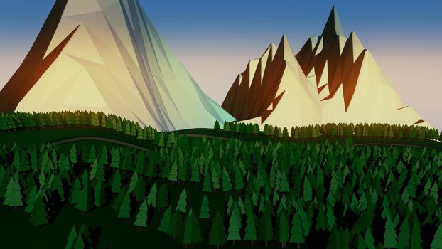Low poly landscape. The trees, the mountains and the road. 3d render