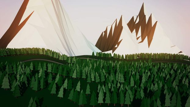 Low poly landscape. The trees, the mountains and the road. 3d render