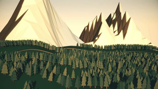 Low poly landscape. The trees, the mountains and the road. 3d render