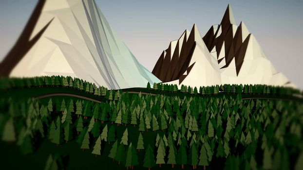 Low poly landscape. The trees, the mountains and the road. 3d render