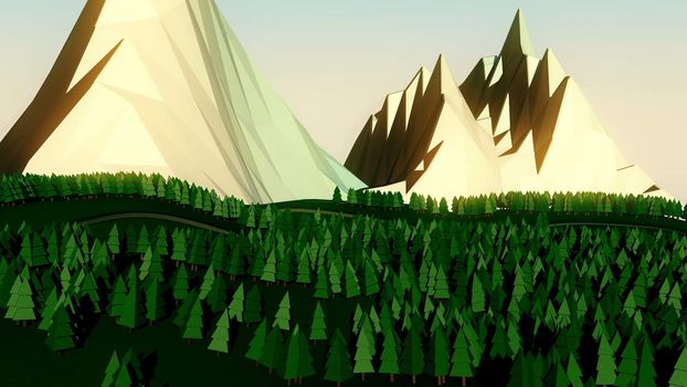 Low poly landscape. The trees, the mountains and the road. 3d render