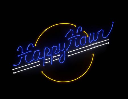Happy hour neon 3d render illustration sign on black background