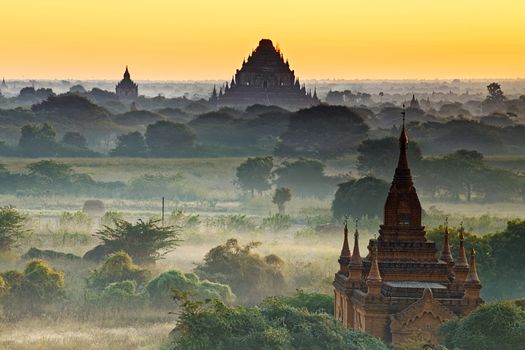 Scenic view of ancient Bagan temple during golden hour 