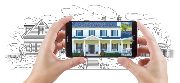 Hands Holding Smart Phone Displaying Custom Home Photo of Drawing Behind.