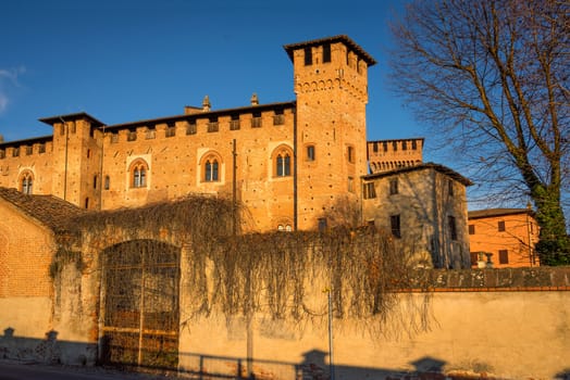 Middle Ages castle "Morando bolognini" at sunset, built in the thirteenth century in Sant'Angelo lodigiano,Lombardy italy.