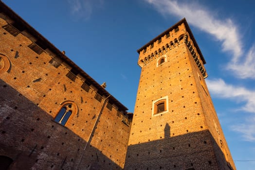 Middle Ages castle "Morando bolognini" at sunset, built in the thirteenth century in Sant'Angelo lodigiano,Lombardy italy.