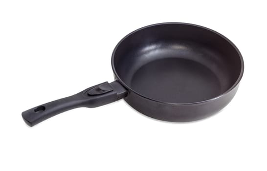 Cast frying pan, made of aluminium alloy with ceramic non-stick coating and removable handle on a light background
