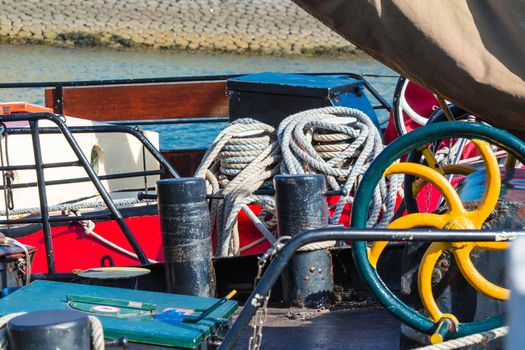 Overlooking the deck of an antique steel Sailboat in Holland